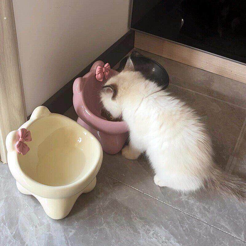 蝴蝶结陶瓷猫咪碗增高架防黑下巴猫食盆大口径防外溅慢食碗狗狗碗