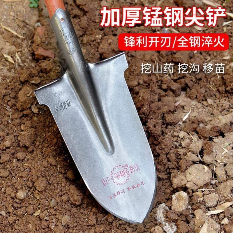 铁锹锰钢农具长头铁锨尖头大锹农用窄铲子全钢土泥锹挖树专用坑深图片