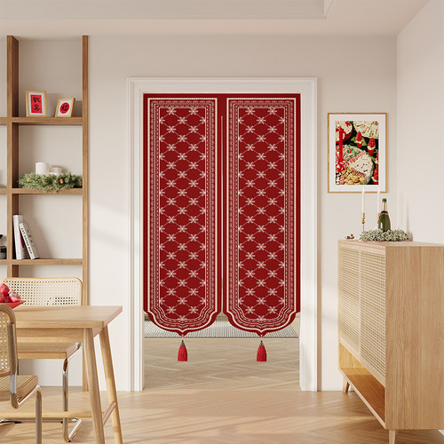 红色圣诞装饰门帘异形隔断帘卧室新年免打孔厨房隔断卫生间遮挡帘