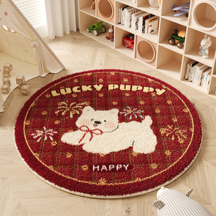 新年圆形地毯卡通小狗客厅地垫喜庆节日氛围红色卧室可爱装饰布置