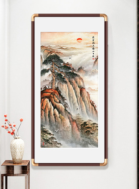 玄关迎客松新中式挂画泰山日出山水画国画入户走廊过道装饰画竖版
