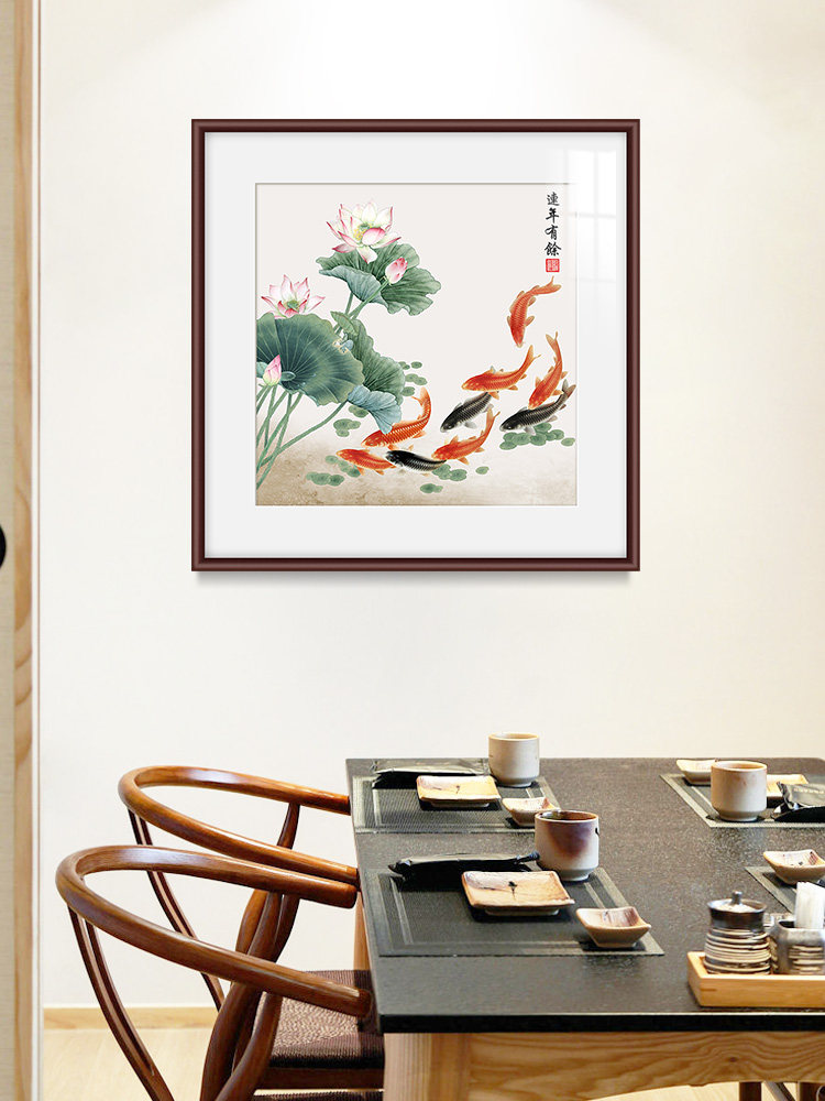 窦芳中国画九鱼花鸟新中式入口山水挂画茶室壁画客厅装饰画过道