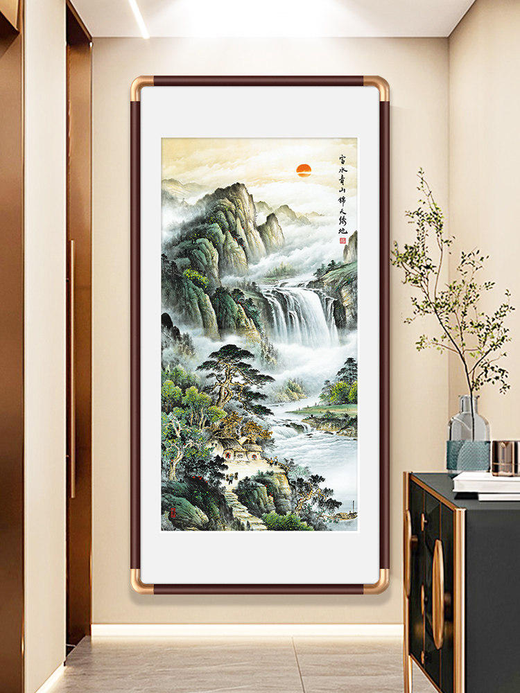 新中式玄关山水画源远流长国画入户走廊过道入门旺财装饰挂画竖版
