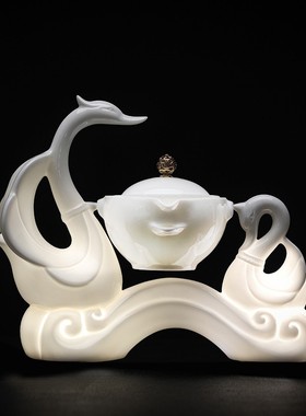 纯白色羊脂玉懒人茶具套装陶瓷自动泡茶功夫鸳鸯戏水茶具节日礼品