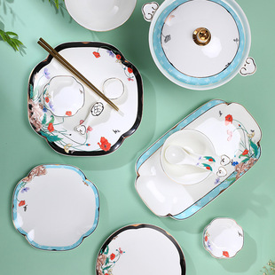 奥唯餐具套装家用中式花鸟12人高档碗碟碗盘轻奢组合简约碗微波炉