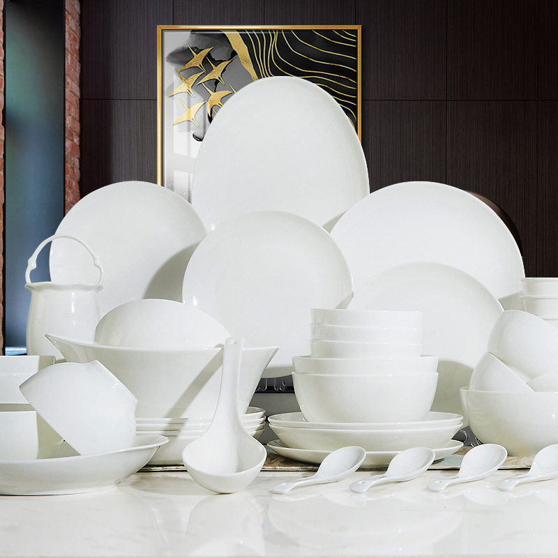 骨质瓷纯白色家用组合餐具套装陶瓷碗盘碟筷礼盒装商务乔迁礼品