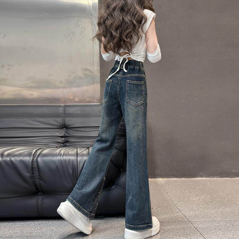 女童喇叭牛仔裤春秋2025新款儿童中大童烫钻女孩洋气长裤春装裤子