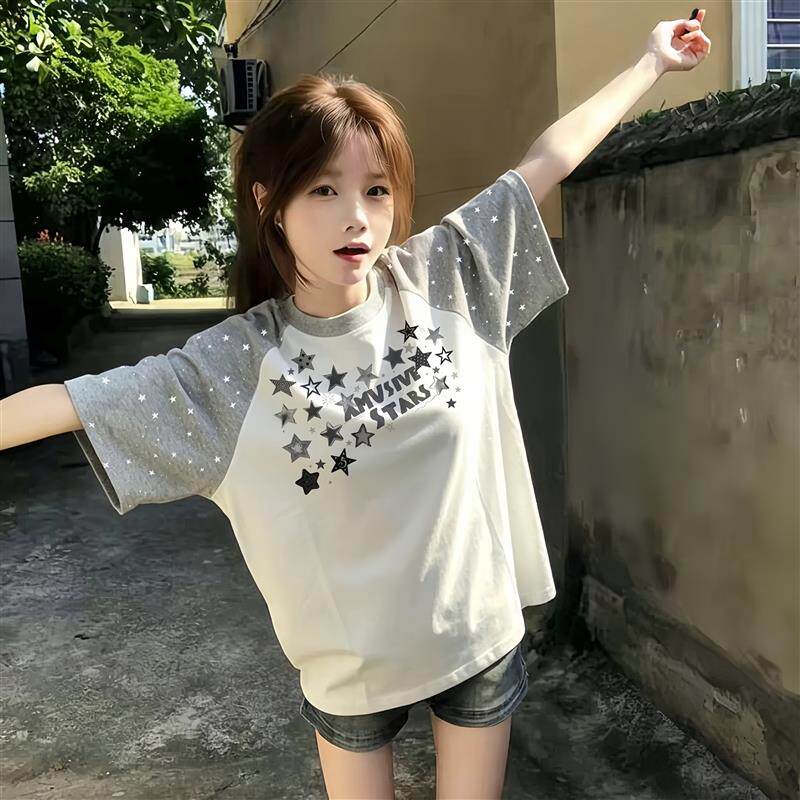 美式撞色插肩短袖T恤女大童初中高中学生烫钻设计感宽松半袖上衣