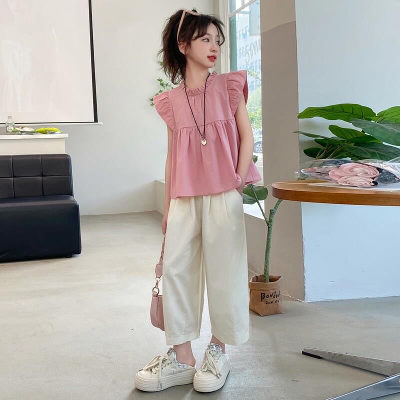 女童夏天套装夏季新款纯棉飞袖娃娃衫休闲宽裤中大童夏装两件式