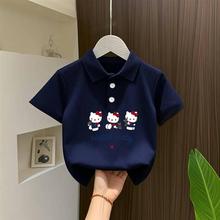 女童纯棉短袖polo衫夏季新款卡通KT猫印花翻领上衣中大童休闲T恤
