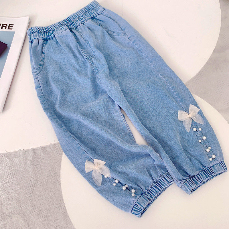高定天丝面料 2023女童夏季牛仔裤子蝴蝶结宝宝防蚊牛仔长裤薄款