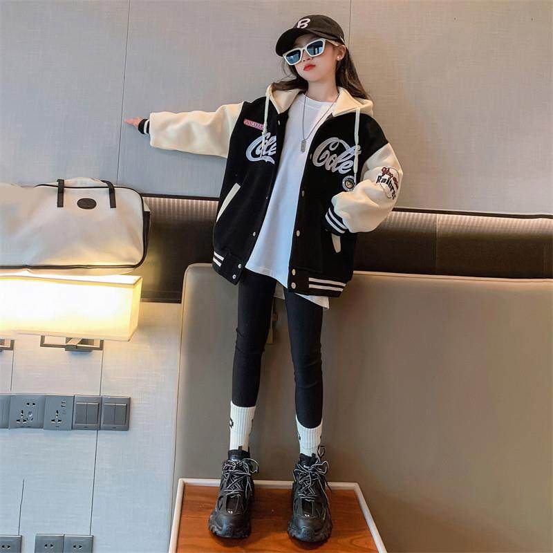 女童外套春秋款2023新款儿童装时髦上衣女大童秋装女孩连帽棒球服