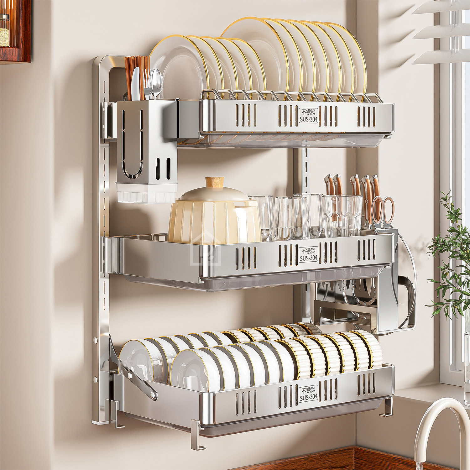 2026不锈钢厨房置物架碗碟收纳架壁挂式免打孔碗筷碗盘沥水架碗架