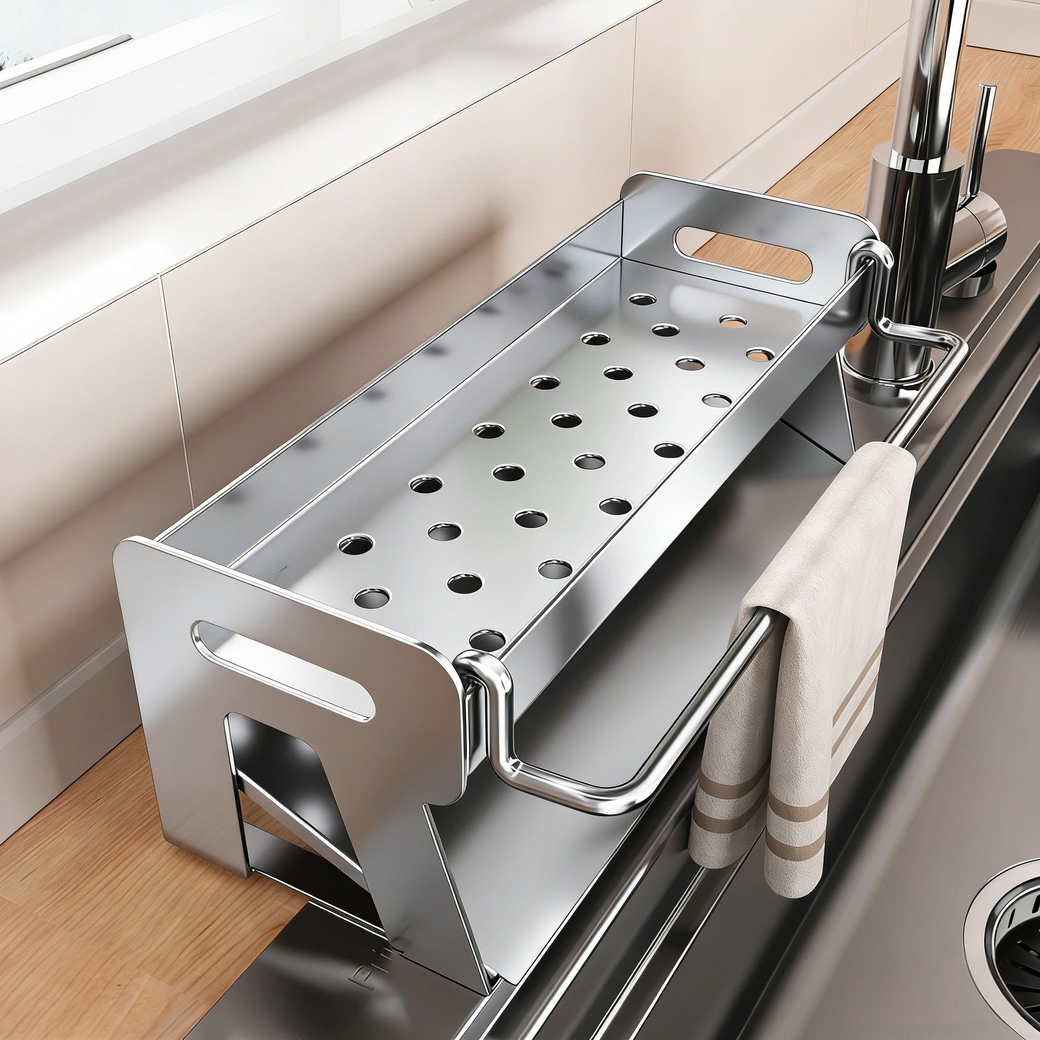 不锈钢厨房置物架多功能沥水架海绵抹布架水龙头免安装水槽收纳架