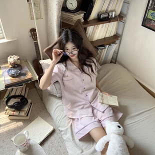 网红风学生纯棉家居服套装 韩版 新款 条纹睡衣女短袖 可外穿 2025夏季