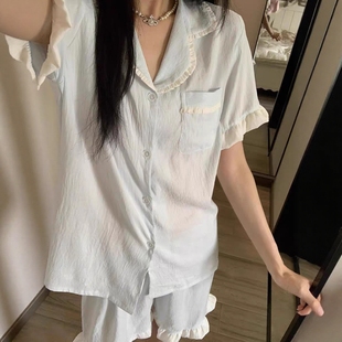 家居服套装 韩系奶蓝花边睡衣女夏季 短裤 2025新款 简约甜美可爱短袖