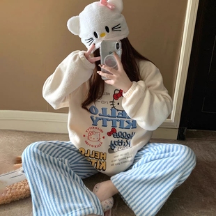 hellokitty睡衣女款秋冬季珊瑚绒加厚长袖套装可爱卡通家居服冬天
