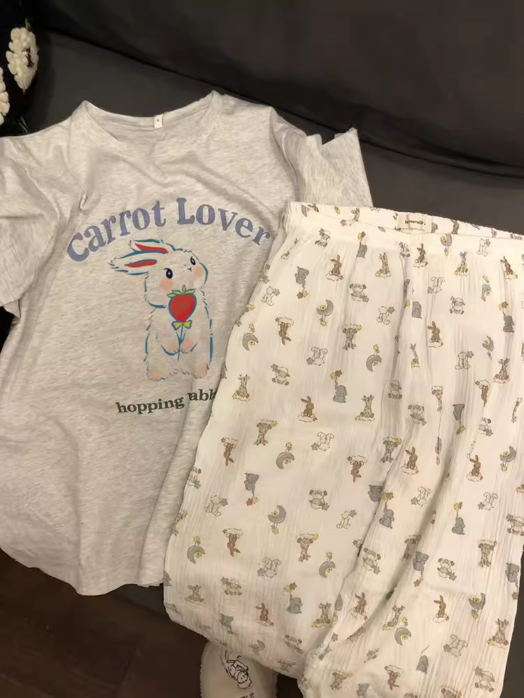 可爱少女兔子印花短袖睡衣女2023年夏季新款家居服休闲长裤两件套