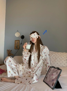 韩国东大门夏威夷黑皮Hellokitty长袖睡衣女春秋季冰丝薄款家居服