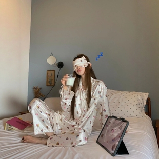 韩国东大门夏威夷黑皮Hellokitty长袖睡衣女春秋季冰丝薄款家居服