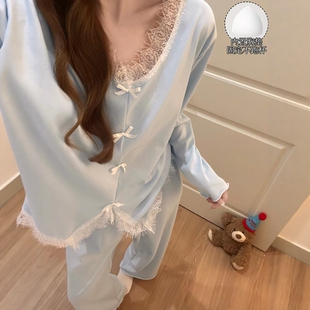 纯棉睡衣女款带胸垫春秋季2026新款高级感性感蕾丝花边冬天家居服