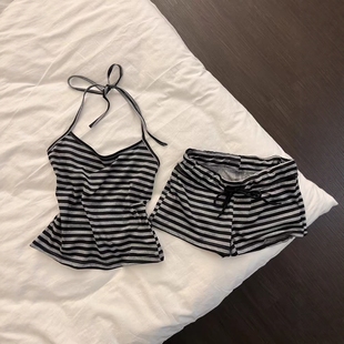 甜美简约带胸垫吊带短裤 韩系挂脖条纹睡衣女夏季 夏天家居服两件套