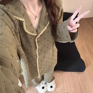 家居服两件套 长裤 复古绿色碎花睡衣女春秋款 2026甜美花边休闲长袖