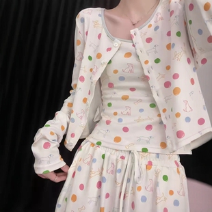 莫代尔睡衣女款春秋季高级感甜美少女带胸垫吊带三件套装家居服夏