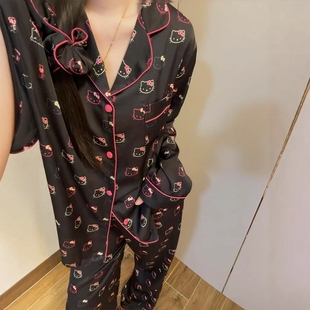 黑色HelloKitty冰丝睡衣女款春秋季长袖可爱高级感家居服丝绸套装