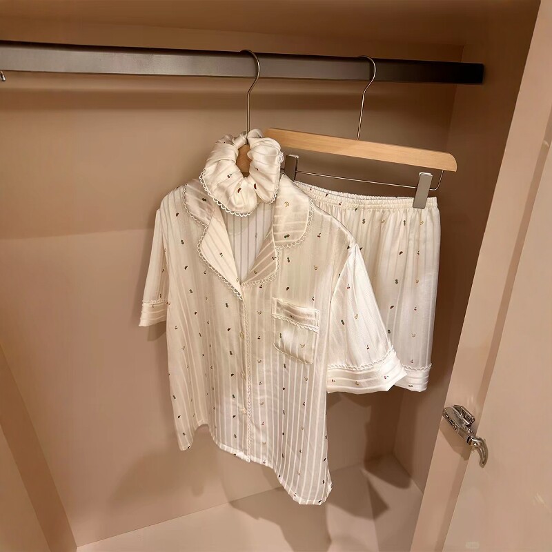 2026新款条纹菠萝冰丝短袖睡衣女夏季凉感三件套家居服春秋天长袖