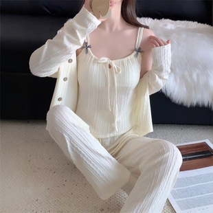 性感杏色纯棉睡衣女款春秋季2025新款带胸垫一体吊带长袖三件套装