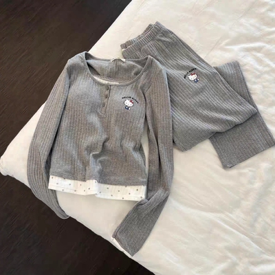 假两件带胸垫坑条长袖睡衣女春秋