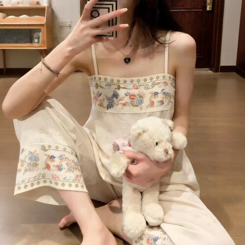 复古国风冰丝绸吊带睡衣女款春夏