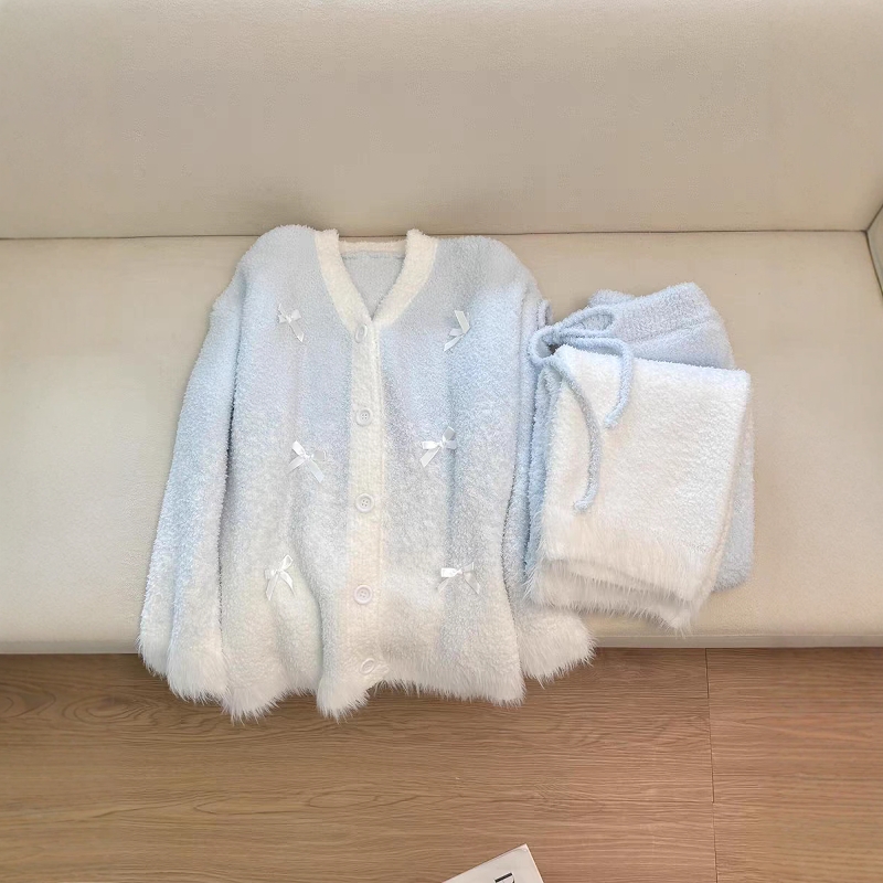 小清新甜美蝴蝶结渐变半边绒睡衣