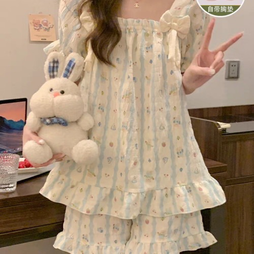 夏季带胸垫睡衣女短袖短裤云朵棉