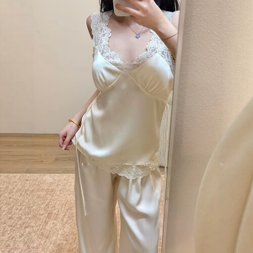2026新款醋酸缎面睡衣女蕾丝V领
