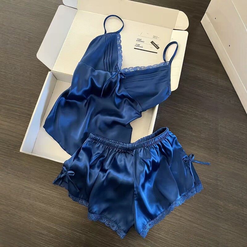 Sin Glee 高级感宝蓝色缎面冰丝睡衣女夏季舒适吊带短裤居家套装