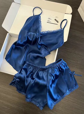 高级感宝蓝色缎面冰丝睡衣女夏季