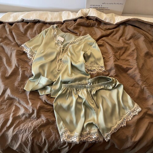法式蕾丝边轻奢冰丝睡衣女夏季短