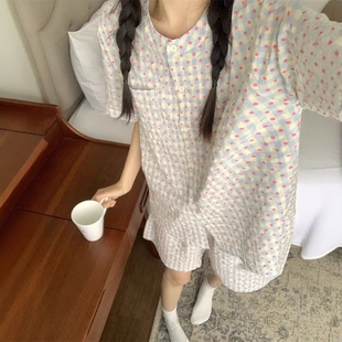 夏季日系ins甜美圆领格子短袖睡衣女韩版可爱圆点宽松家居服套装