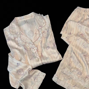 2025新款甜心KT猫睡衣女春秋季奶油冰丝缎面蕾丝边可外穿家居服夏