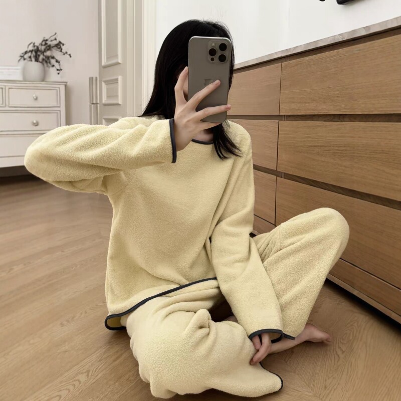 极简套头雪粒绒睡衣套装秋冬新款