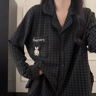 秋冬季德绒睡衣女长袖翻领格子企鹅情侣保暖丝绒冬天家居服套装男