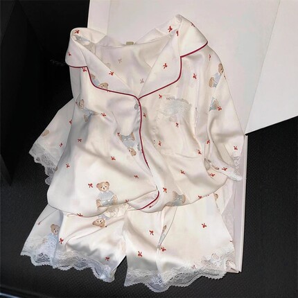 【小熊晚安】睡衣女款夏季2025新款冰丝绸短袖可爱甜美家居服夏天