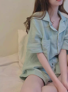 开衫 短袖 短裤 家居服两件套装 新款 简约ins睡衣女夏季 网红少女薄款
