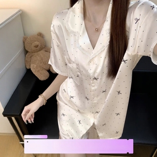 套装 2025新款 短裤 睡衣女夏季 家居服 冰丝波点蕾丝边蝴蝶结甜美短袖