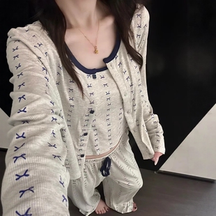 韩系简约蝴蝶结印花睡衣女士春秋新款开衫长裤家居服三件套可外穿