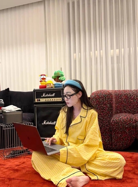 小马刺绣黄色条纹睡衣女春秋季新款纯棉长袖长裤高级感家居服套装