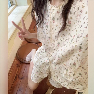 可外穿 纯棉夏季 小兔子睡衣女甜美可爱少女短袖 短裤 翻领家居服套装