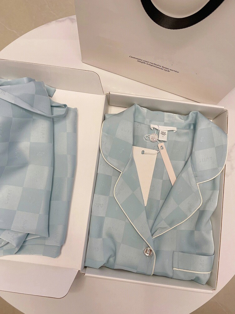 小红书同款推荐睡衣女士春秋款冰丝长袖格子高级感夏季家居服套装